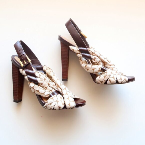 LAMB Brown Leather & Cream Canvas Sling-back Open Toe Sandals / Heels / Shoes 7. - Picture 8 of 14